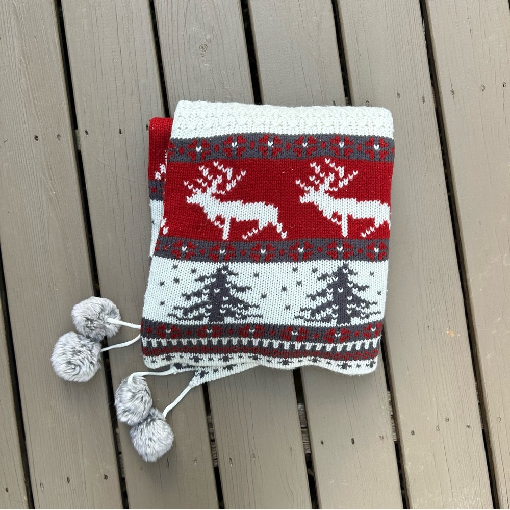 ASPEN Deer Pom Pom Crochet Blanket Throw | Ivory Red & Grey | Size 60” x 67”